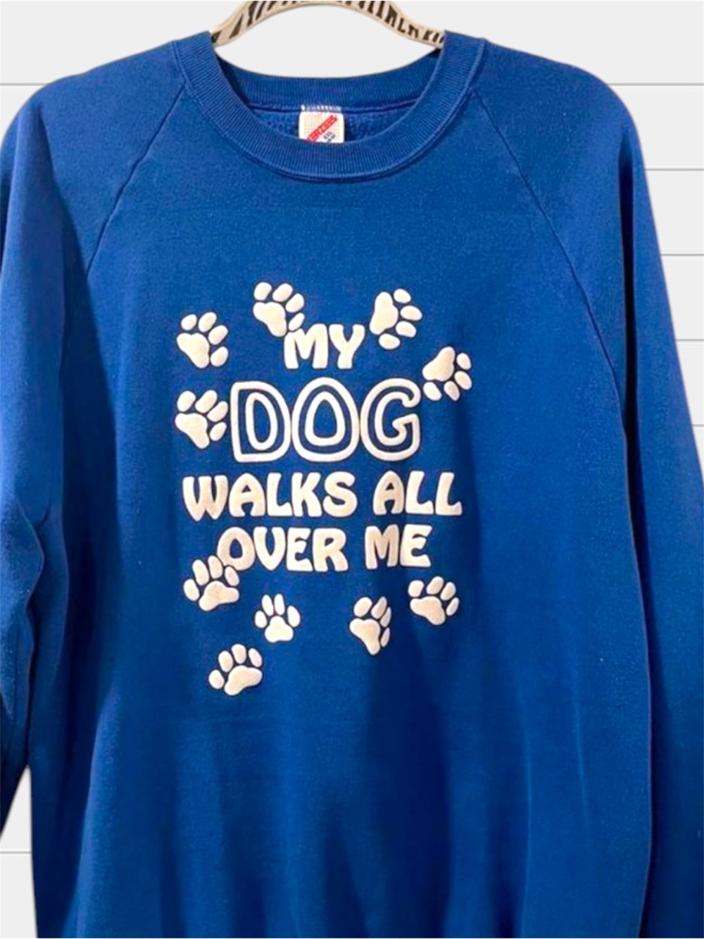 Jerzees Blue Crewneck Sweatshirt with White Paw Print 'My Dog' Graphic